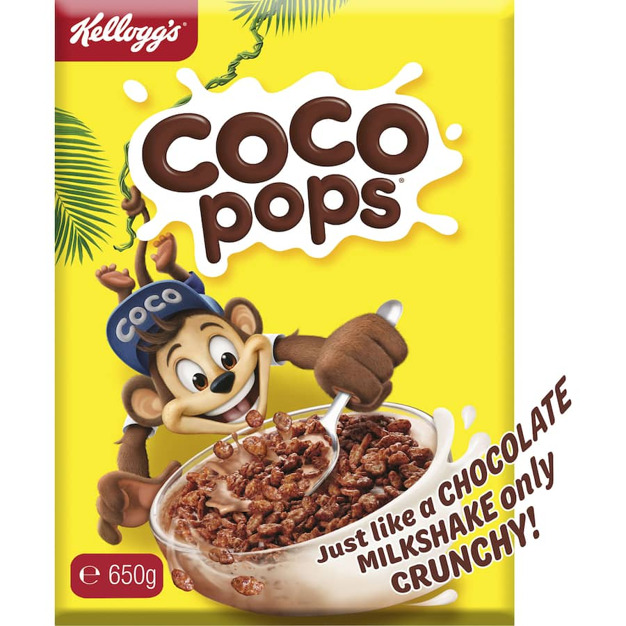 Kellogg's Coco Pops cereal: chocolatey rice puffs that enrich milk with vitamins, perfect for fun breakfasts and snacks.