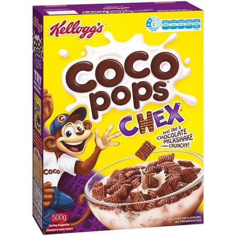 Kellogg's Coco Pops Chex cereal combines cocoa flavor with crunchy Chex for a delightful, nutritious breakfast option.