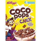 Kellogg's Coco Pops Chex: Crunchy cocoa-flavored cereal, rich in fiber, perfect for breakfast or snacks.