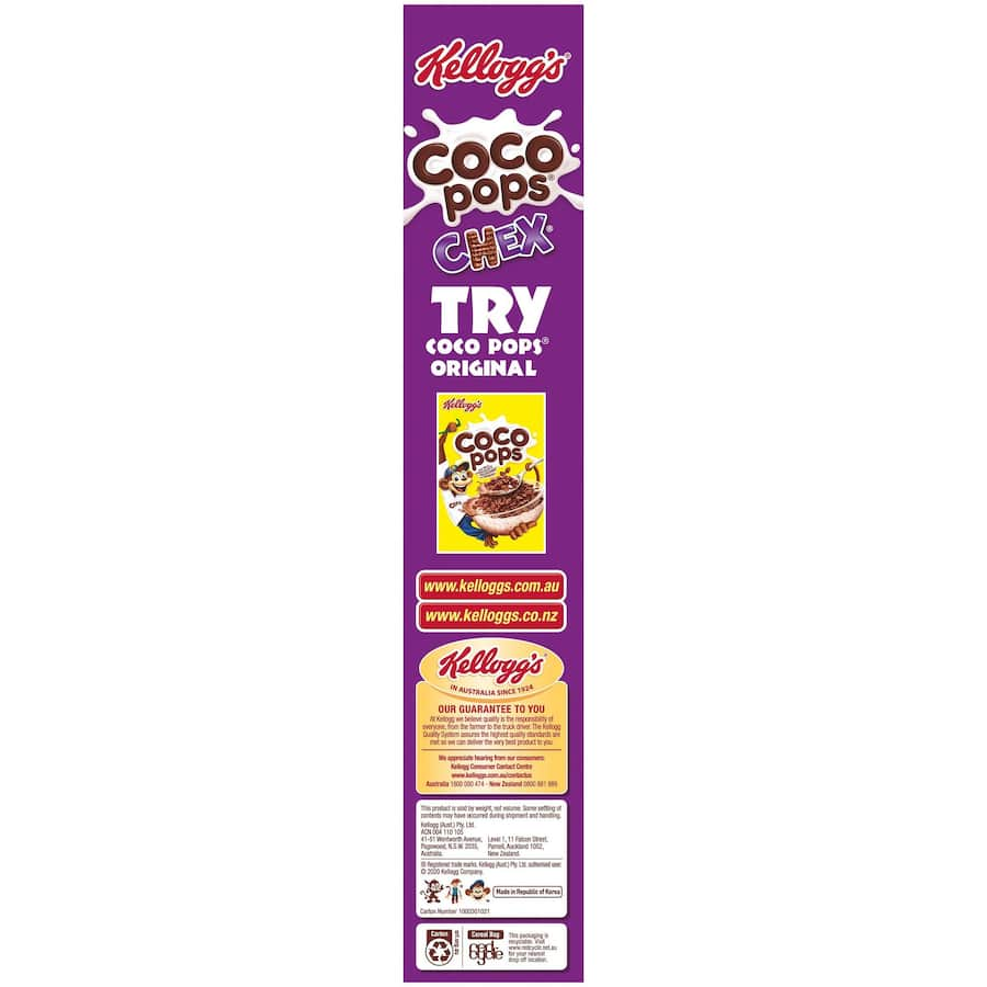 Kellogg's Coco Pops Chex: a crunchy chocolate breakfast cereal made with whole grains, perfect for families and quick snacks.