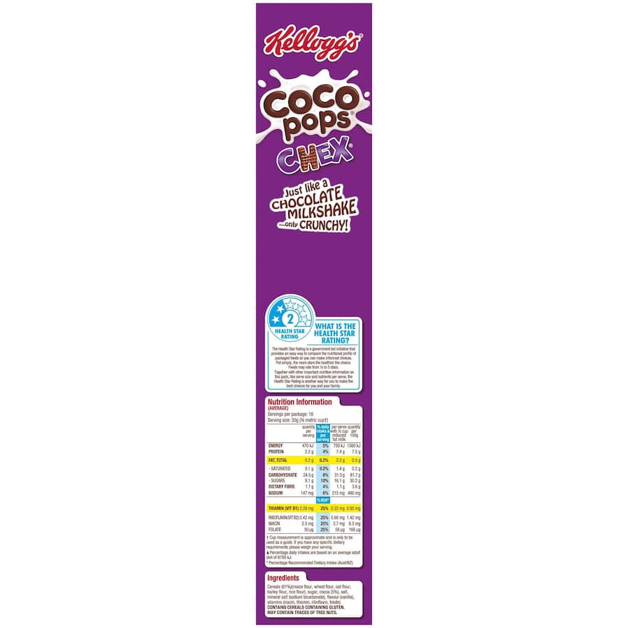 Kellogg's Coco Pops Chex cereal with cocoa flavor and crunchy Chex texture, perfect for breakfast or topping yogurt.