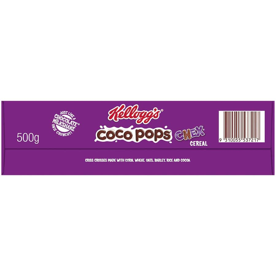 Kellogg's Coco Pops Chex cereal featuring cocoa flavor, crunchy texture, and whole grains for a nutritious breakfast treat.