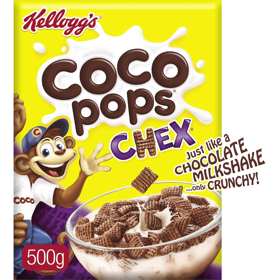 Kellogg's Coco Pops Chex cereal features crunchy Chex with classic cocoa flavor for a delicious, fun breakfast experience.