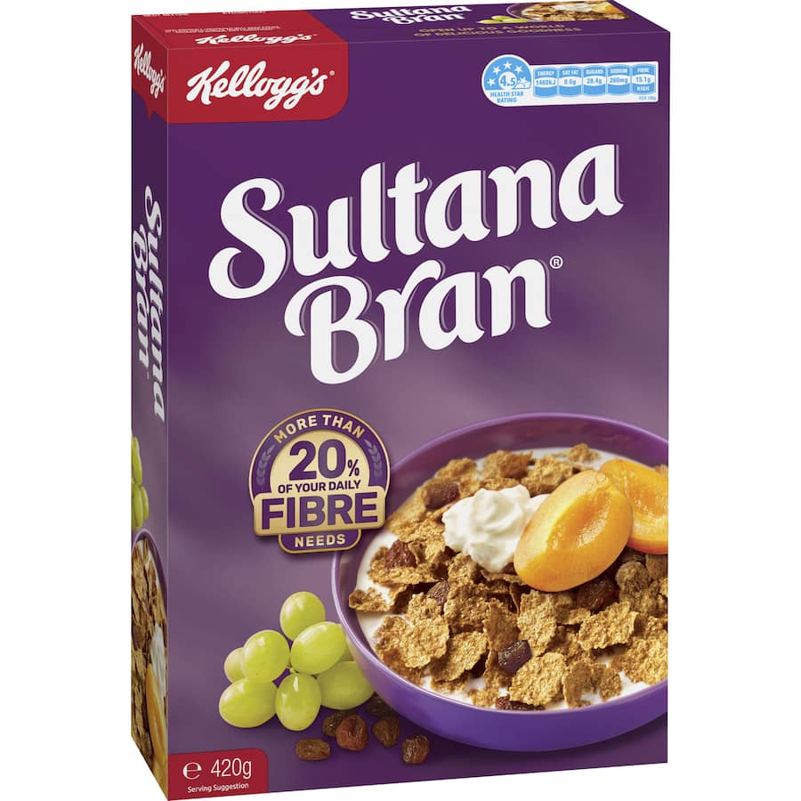 Bowl of Kellogg's Sultana Bran cereal with crispy flakes and sultanas, promoting fiber-rich breakfast for families.