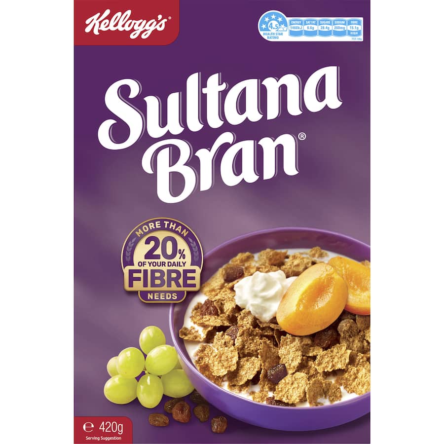 A bowl of Kellogg's Sultana Bran cereal with crispy flakes and juicy sultanas, rich in fiber for a nutritious breakfast.