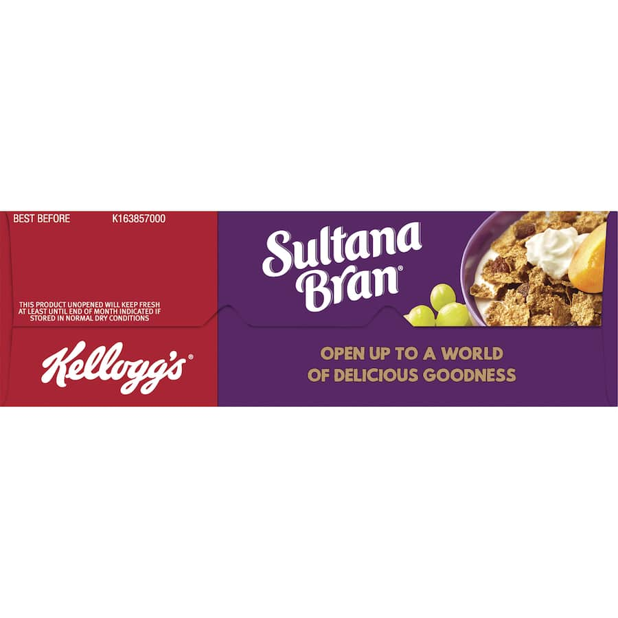 Kellogg's Sultana Bran cereal with crispy flakes and juicy sultanas, rich in fiber for a nutritious breakfast.