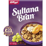 Kellogg's Sultana Bran cereal with crispy flakes and juicy sultanas, packed with fiber for a healthy breakfast.