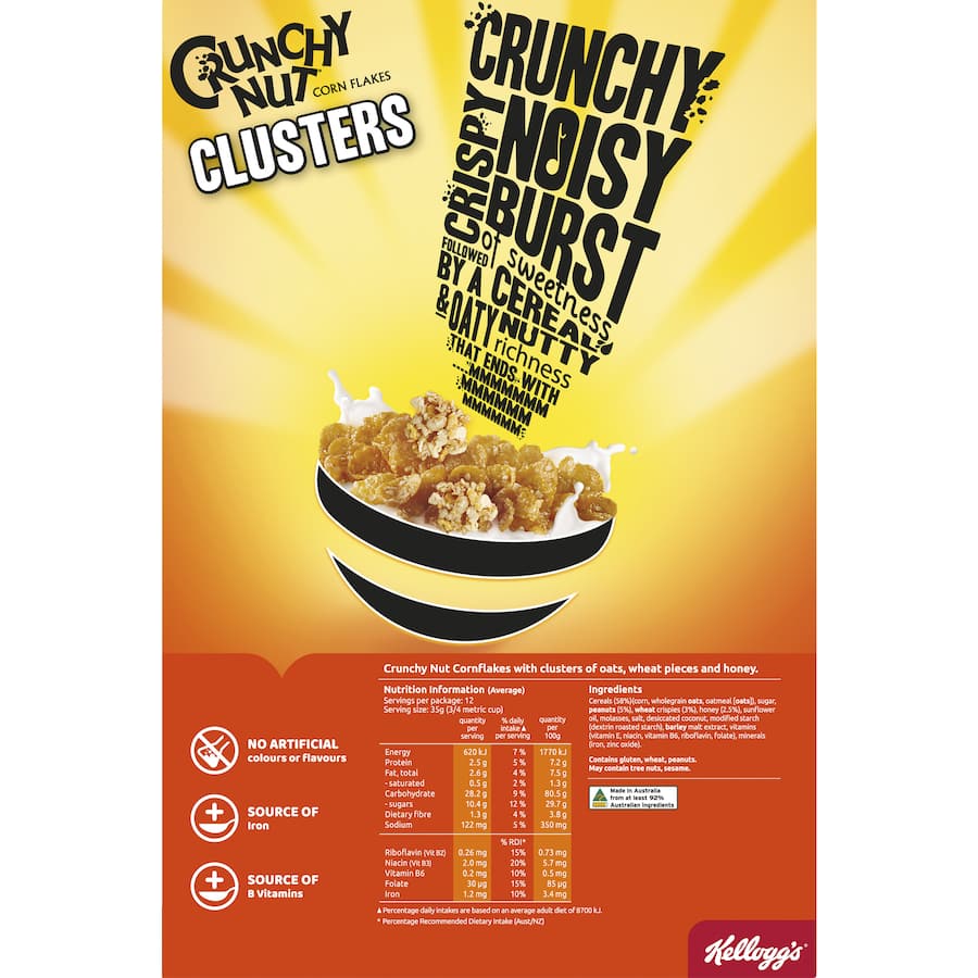 Bowl of Kellogg's Crunchy Nut Cereal Clusters featuring crunchy corn flakes, peanut pieces, and honey coating.