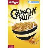 Kellogg's Crunchy Nut Cereal features golden cornflakes encrusted with peanuts and sweet honey for a delicious breakfast experience.