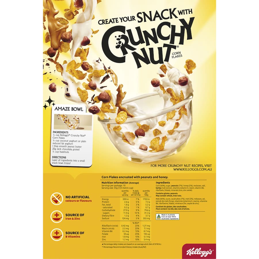 A bowl of Kellogg's Crunchy Nut Cornflakes featuring golden flakes, peanut pieces, and a honey coating for a satisfying crunch.