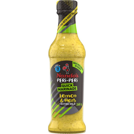 Nando's Peri Peri Sauce Marinade Lemon & Herb, a zesty blend for marinating chicken, delivering citrusy and spicy flavor.