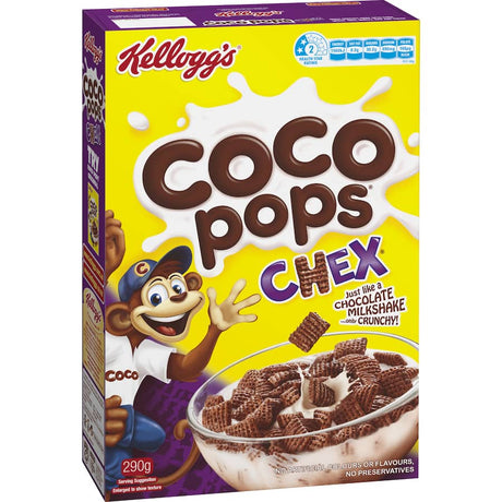 Kellogg's Coco Pops Cereal Chex features crunchy, criss-crossed pillows with rich cocoa for a delightful breakfast or snack.