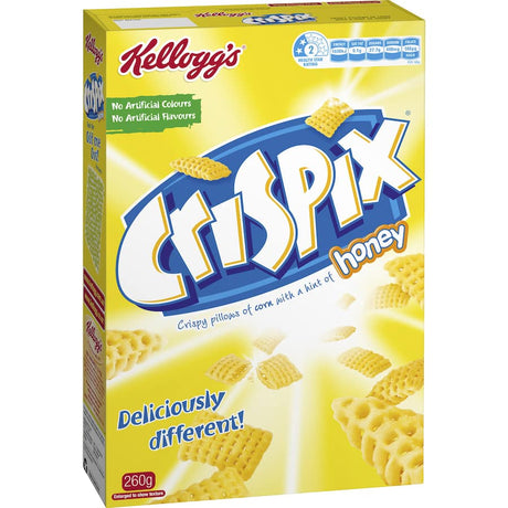 Crispy golden pillows of Kellogg's Crispix Honey cereal, sweetened with honey for a delicious breakfast or snack.