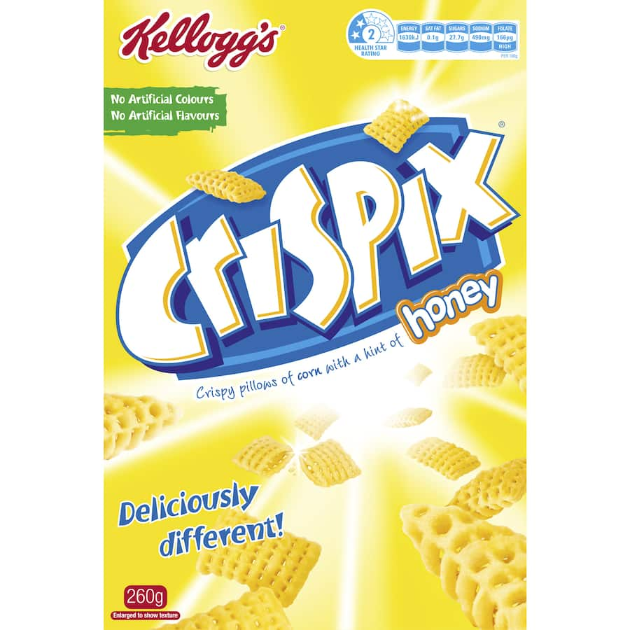 A bowl of Kellogg's Crispix Cereal Honey featuring crispy, golden pillows of corn with a sweet honey flavor.