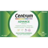 Centrum Advance 50+ multivitamin tablets promoting energy, eye health, immunity, and heart wellness for individuals aged 50 and above.