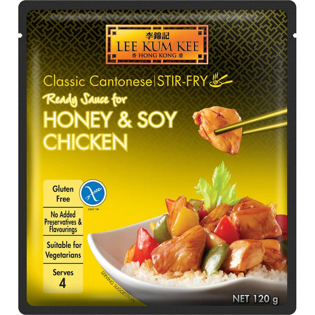 Bottle of Lee Kum Kee Honey & Soy Stir-fry Sauce, perfect for quick, flavorful meals and gourmet stir-fries.