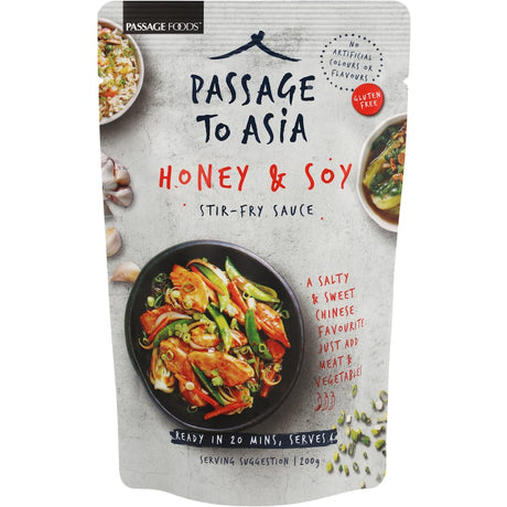 Bottle of Passage To Asia Honey & Soy Chicken Stir Fry Sauce, perfect for creating quick and flavorful Asian-inspired meals.