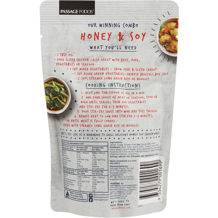 A bottle of Passage To Asia Honey & Soy Chicken Stir Fry Sauce, perfect for easy Asian-inspired home cooking.