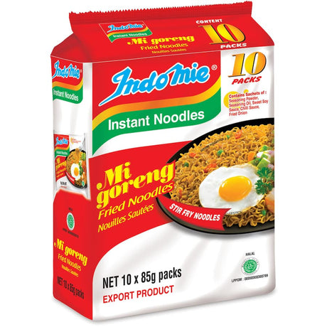 A 10-pack of Indomie Mi Goreng Instant Noodles, showcasing flavorful fried noodles with savory seasoning for quick meals.