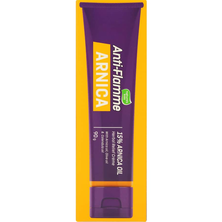 Nature's Kiss Anti-flamme Arnica Cream tube, featuring natural ingredients for soothing muscle soreness and joint discomfort.