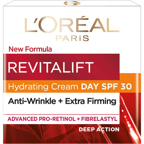 L'Oreal Paris Revitalift Day Cream SPF 30, a firming anti-wrinkle moisturizer with Pro-Retinol and UV protection for youthful skin.