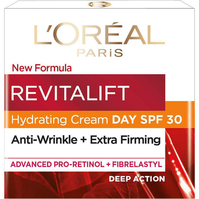 L'Oreal Paris Revitalift Day Cream SPF 30, a firming anti-wrinkle moisturizer with Pro-Retinol and UV protection for youthful skin.