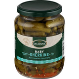 Delmaine Gherkins Baby are crunchy, bite-sized cornichons perfect for snacking, cheese platters, and gourmet dishes.