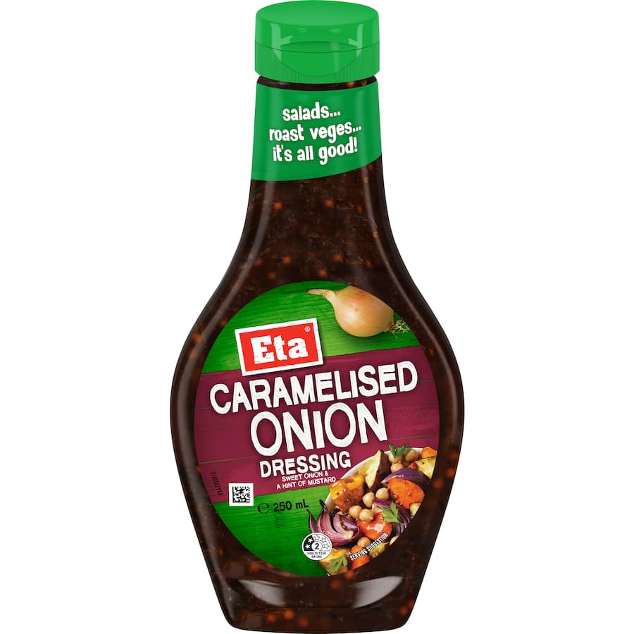 Eta Caramelised Onion Dressing bottle showcasing its rich flavors perfect for salads, marinades, and roasted vegetables.