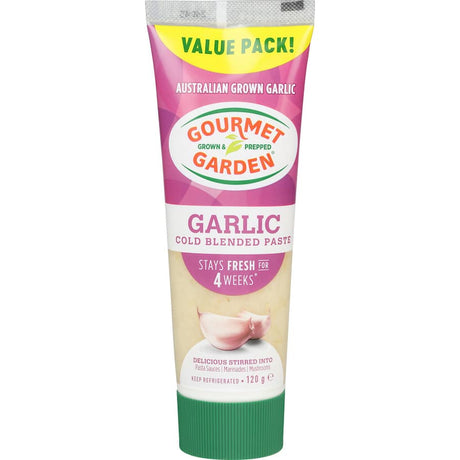 Gourmet Garden Fresh Vegetable Garlic Paste jar showcasing rich, robust garlic flavor made with cold-pressed organic herbs.