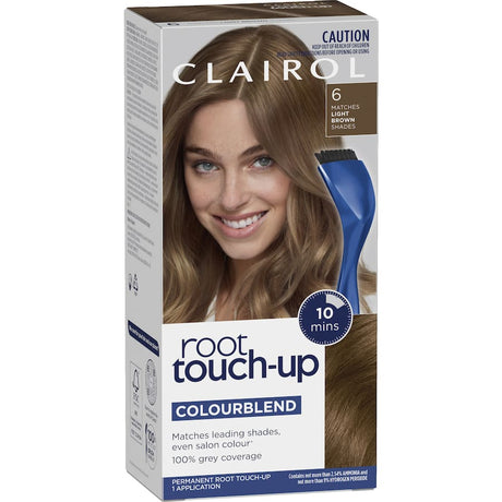 Clairol Nice N Easy Root Touch Up in Light Brown 6 for seamless greys coverage with precision applicator in just 10 minutes.