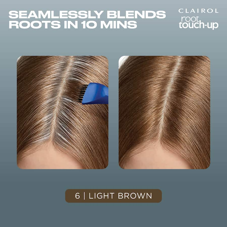 Clairol Nice N Easy Root Touch Up in Light Brown 6 for seamless grey coverage and vibrant results in just 10 minutes.