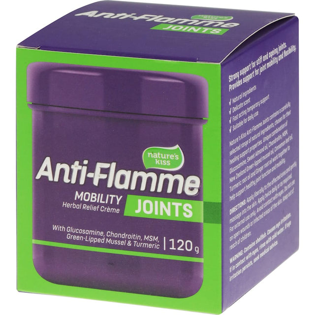 Nature's Kiss Anti-flamme Mobility Joints balm, featuring natural ingredients and calming eucalyptus for fast joint relief.