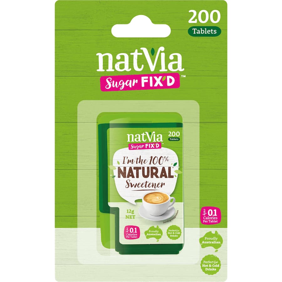 Natvia Sugar Substitute Stevia Tablets: natural, low-cal, versatile sweetener for coffee, tea, and baking without bitterness.