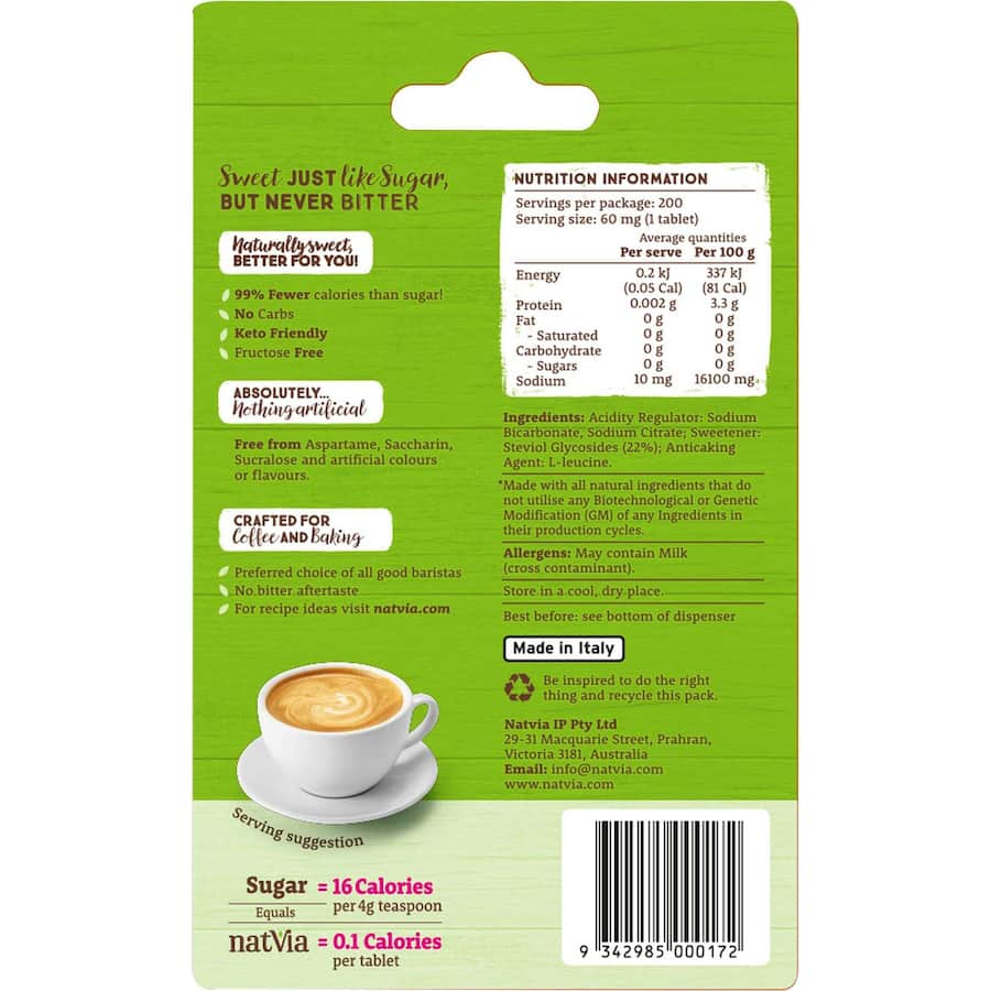 Natvia Stevia Sweetener Tablets, a natural low-carb sugar substitute with 97% fewer calories for guilt-free sweetness.