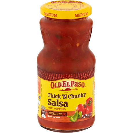 Old El Paso Medium Chunky Salsa jar showcasing fresh tomatoes, onions, and spices for flavorful dipping and cooking.