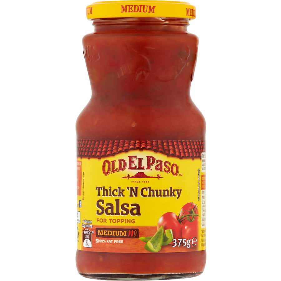 Old El Paso Medium Chunky Salsa Mexican, featuring fresh tomatoes and spices, perfect for dipping or enhancing meals.