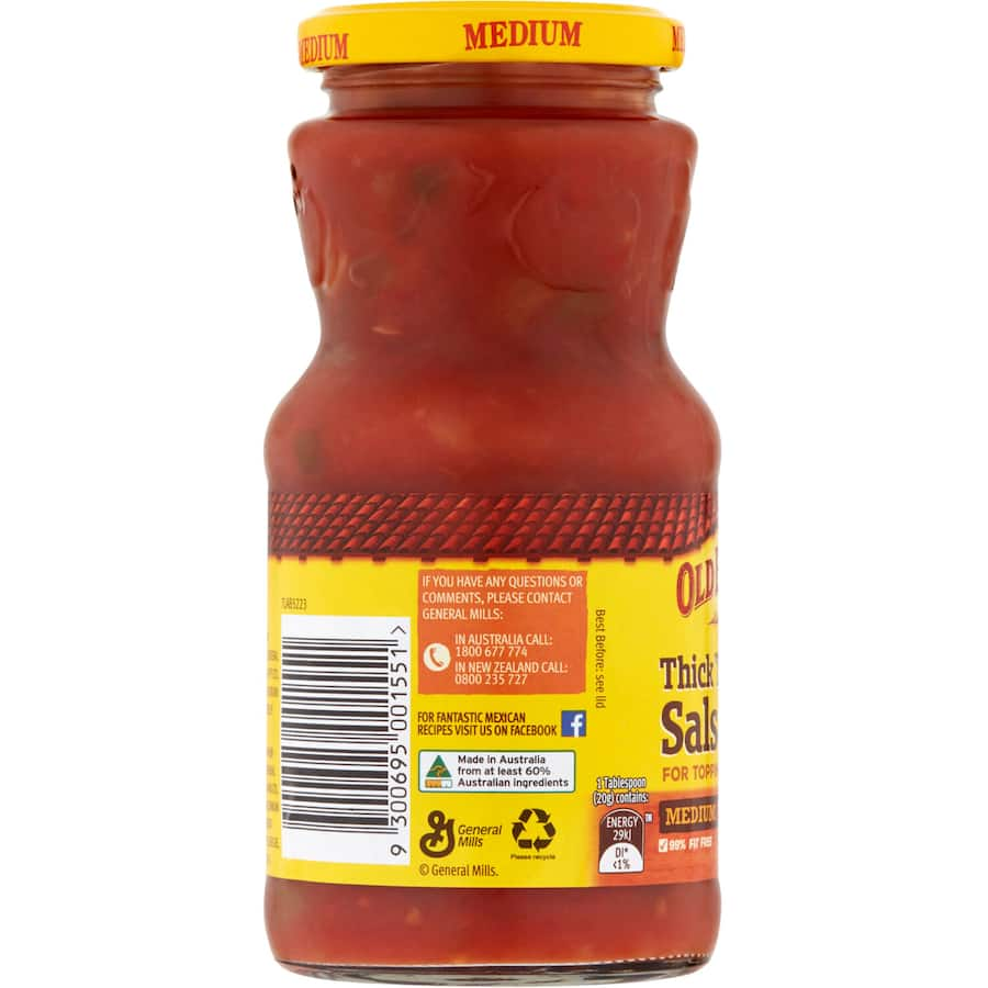 A jar of Old El Paso Medium Chunky Salsa, featuring fresh tomatoes, onions, and spices for a zesty flavor perfect for dipping.