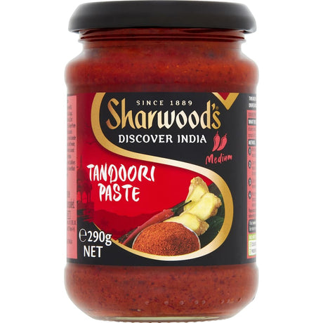 "Sharwoods Tandoori Paste Medium, a flavorful blend for marinating meats and vegetables, perfect for authentic Indian cooking."