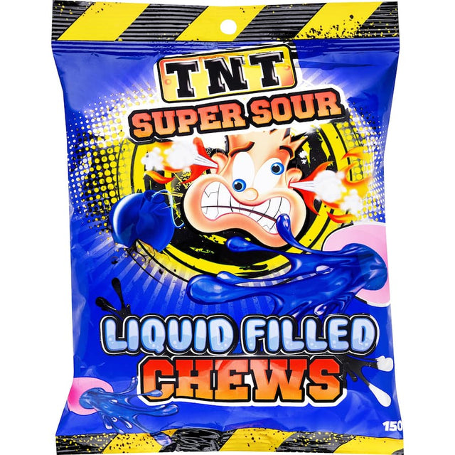 Colorful assortment of TNT Super Sour Sweets Liquid Filled Chews with fruity flavors and a sour liquid center in a 150g bag.