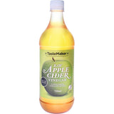 Bottle of Tastemaker Apple Cider Vinegar, organic and unfiltered, ideal for dressings, marinades, and detox drinks.