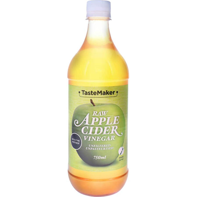 Bottle of Tastemaker Apple Cider Vinegar, organic and unfiltered, ideal for dressings, marinades, and detox drinks.