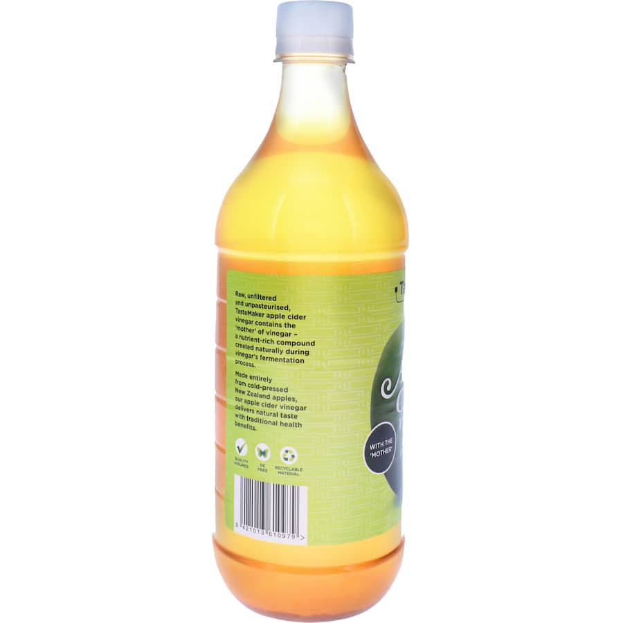 Tastemaker Apple Cider Vinegar bottle, emphasizing its unfiltered quality and health benefits, ideal for culinary uses.