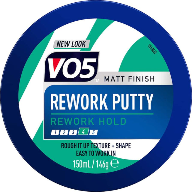 VO5 Extreme Style Texture Rework Putty for messy hair with reworkable hold, ideal for sculpting and shaping styles effortlessly.