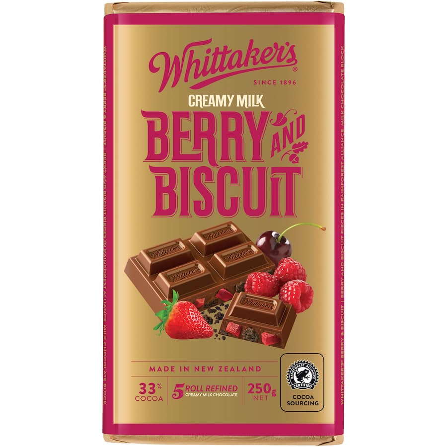 Rich Whittakers Chocolate Berry Biscuit block with raspberries, strawberries, blueberries, cherries, and a black cocoa biscuit.