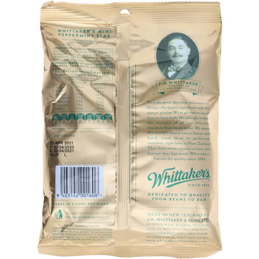 Whittaker's 180g Dark Peppermint Mini Slab, 50% cocoa chocolate with refreshing peppermint, perfect for sharing or solo indulgence.