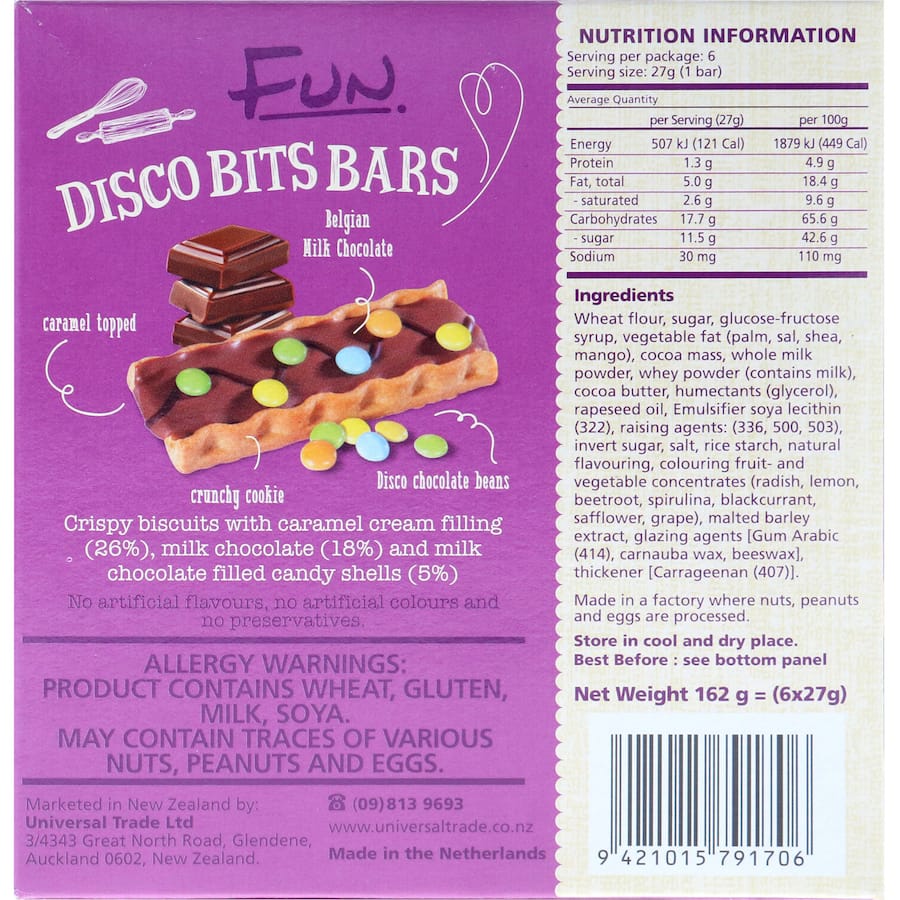 Oki Doki Cake Bars Disco Bites feature a crispy biscuit, gooey caramel, and Belgian chocolate, topped with colorful pebbles.