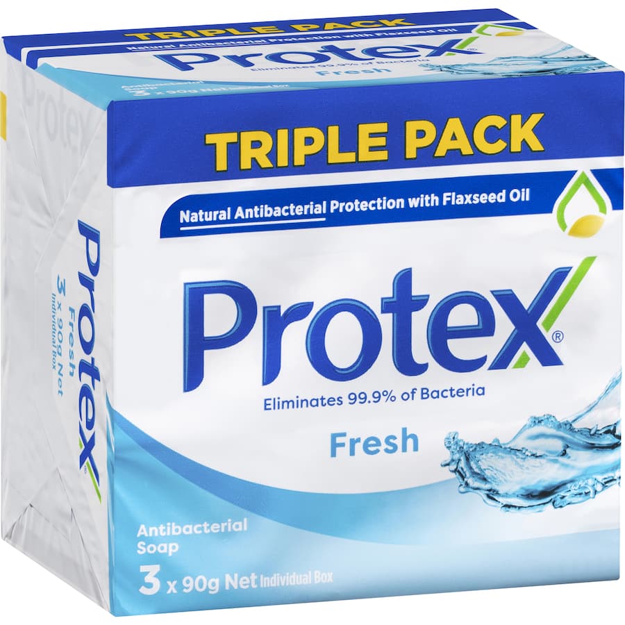 Protex Antibacterial Bar Soap Fresh Value Pack for daily hygiene, eliminates 99% of bacteria, and leaves skin fresh and moisturized.