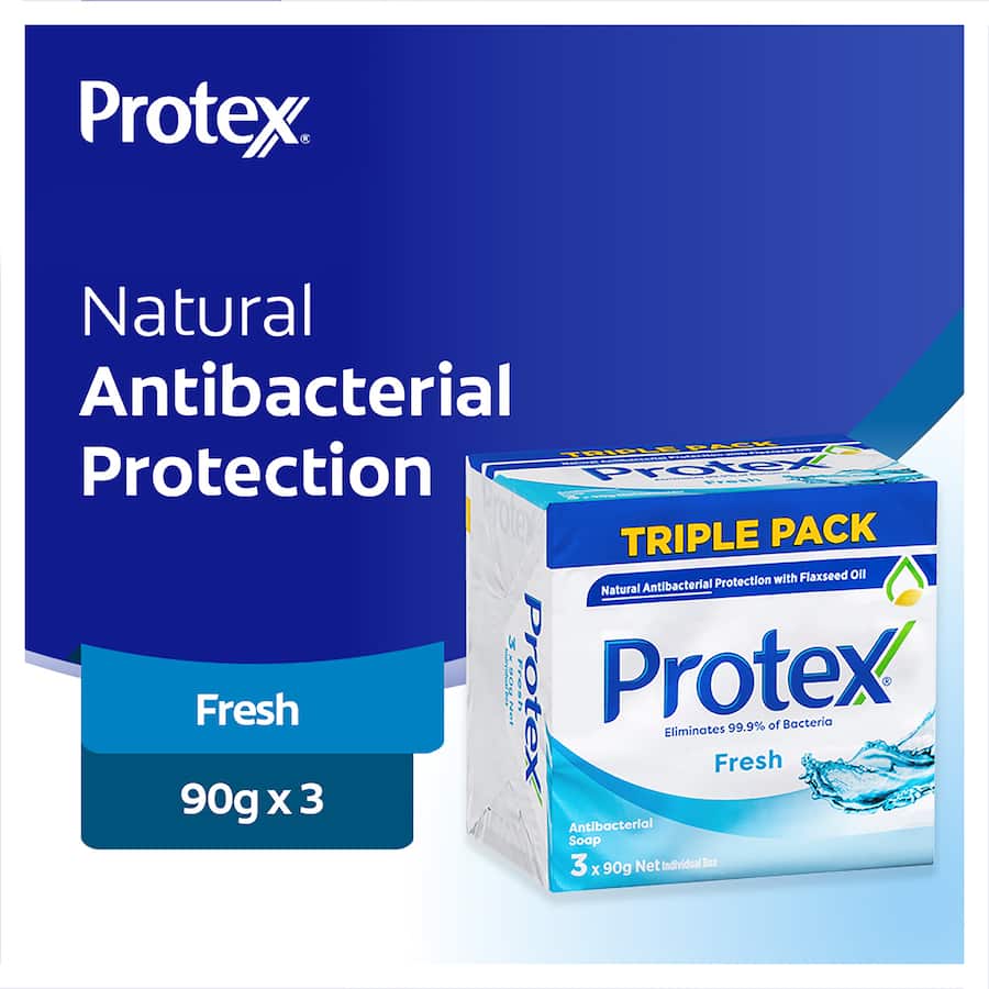 Protex Antibacterial Bar Soap Fresh Value Pack, multi-bar pack, eliminates 99% of bacteria for daily hygiene and refreshing clean.