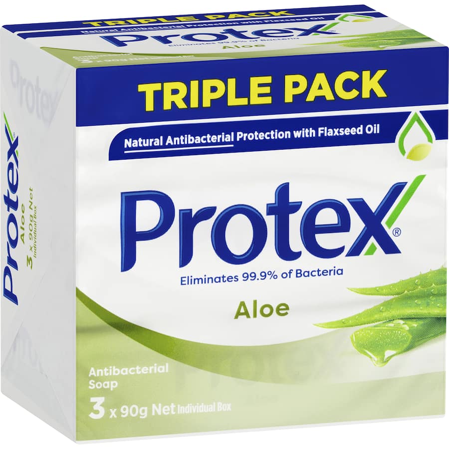 Protex Antibacterial Bar Soap with Aloe Extract, offering 99% bacteria elimination and gentle skin care in a value pack.