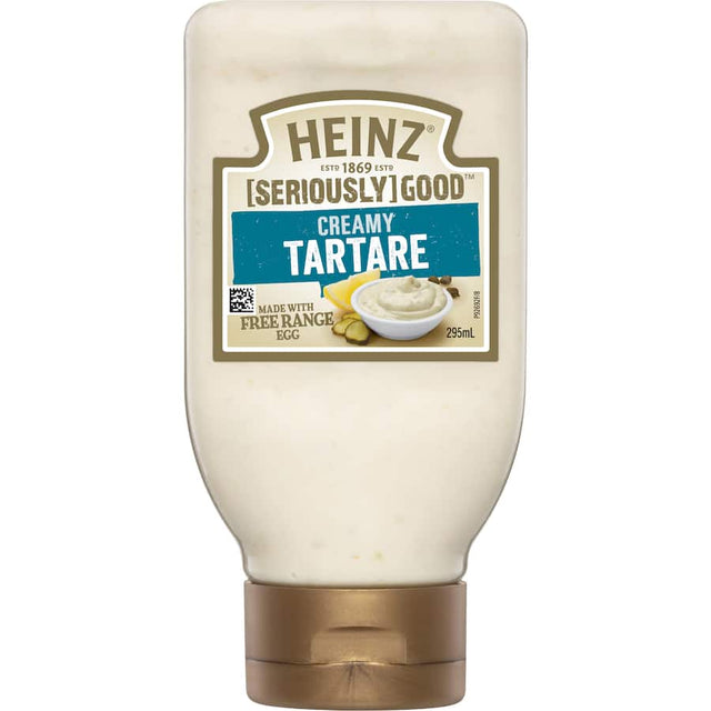 Heinz Seriously Good Tartare Sauce in a squeezy bottle, creamy with gherkins, capers, and free-range eggs, perfect for seafood.